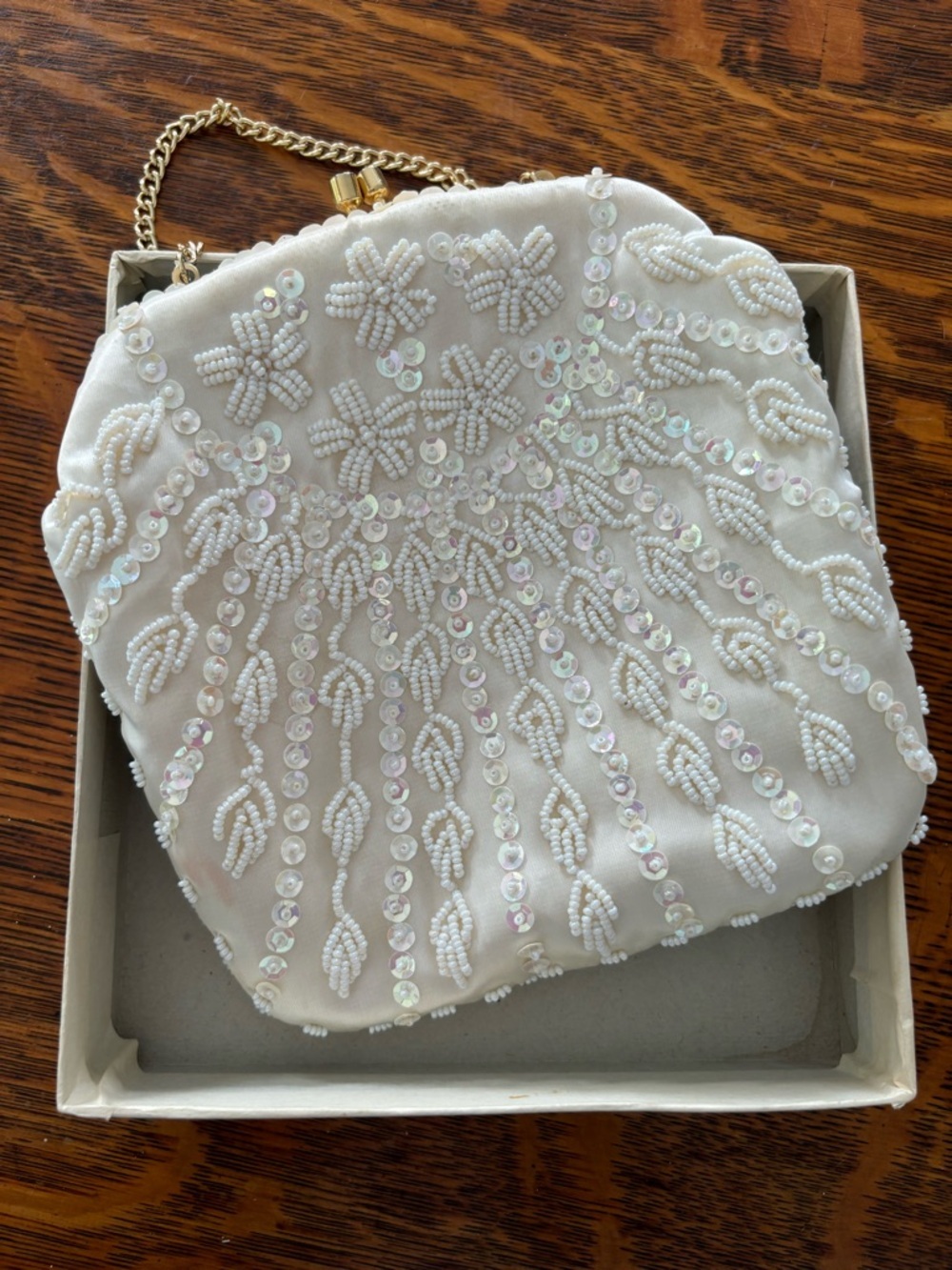 Vintage Elegant Ivory Beaded Evening Bag with Chain Strap Hong Kong